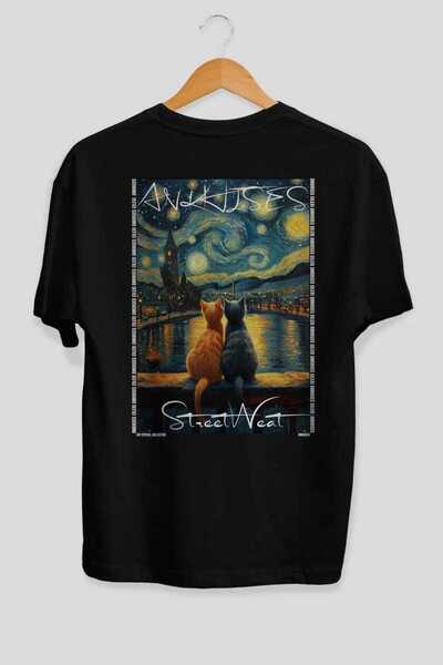 Ankhises 70 Cats for the Sake of Cat Love Printed Black Oversize T-Shirt 100%...