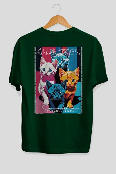 Ankhises For the Love of Cats 15 Cats Printed Green Oversize T-Shirt 100% Cot...