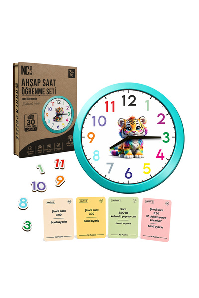 NCPUZZLES Ahşap Saat Öğrenme Seti – 30 Görev Kartlı Eğitici Çocuk Saati, 3+ Yaş