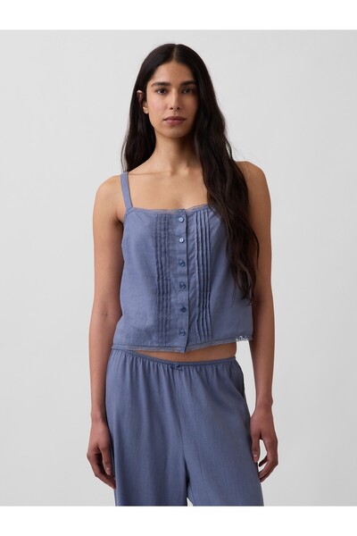 GAP Kadın Mavi Keten Karışımlı Pintuck Kısa Askılı Pijama Üstü
