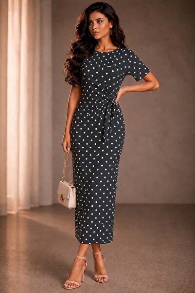 Elaxi Women's Polka Dot Modal Fabric Side Tie Short Sleeve Maxi Dress