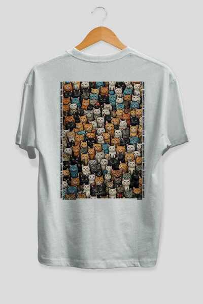 Ankhises For the Sake of Cats 114 Cat Printed White Oversize T-Shirt 100% Cot...
