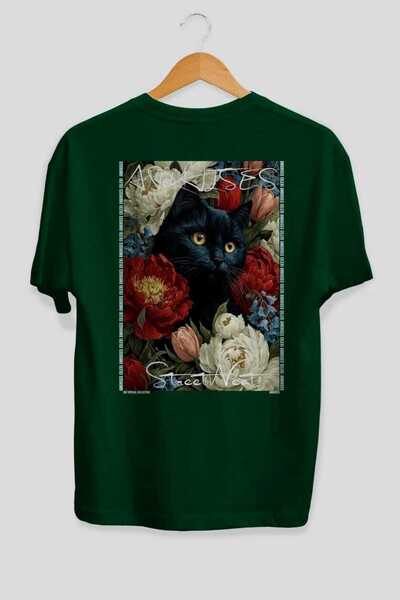 Ankhises For the Love of Cats 87 Cat Printed Green Oversize T-Shirt 100% Cott...