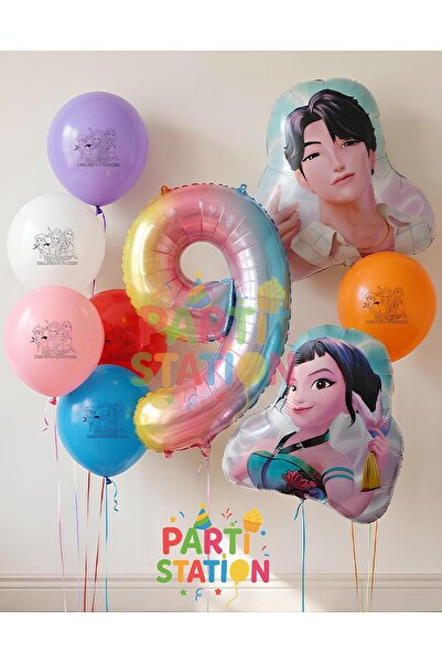 Parti Station K-Pop Demon Hunters 9 Years Old Balloon Set Double Sided 9 Piec...