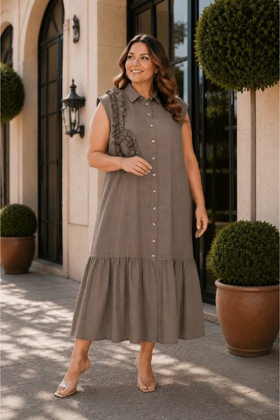 DARKWIN Plus Size Shirt Collar Buttoned Ruffle Detailed Sleeveless Flounce Mi...