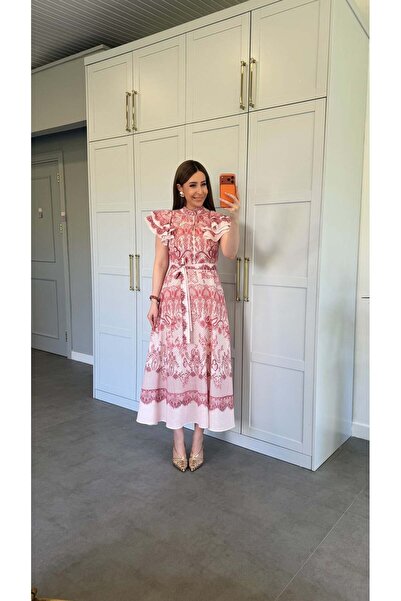 elif teke Ottova Fırfırlı Gül Kurusu Elbise