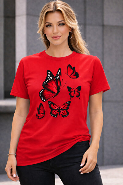 VODEXA Women's Oversize T-Shirt Colorful Butterflies Printed 100% Cotton T-Sh...