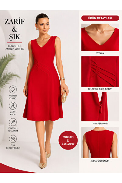 PERLEİ Red V-Neck Sleeveless Midi Dress with Waist Detail