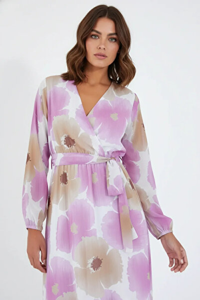 buğrahayalin Women's V-Neck Belted Floral Patterned Chiffon Pink Beige Dress