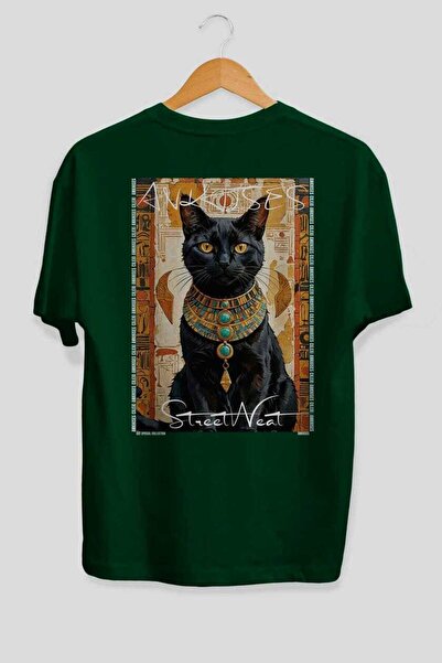 Ankhises For the Love of Cats 74 Cat Printed Green Oversize T-Shirt 100% Cott...