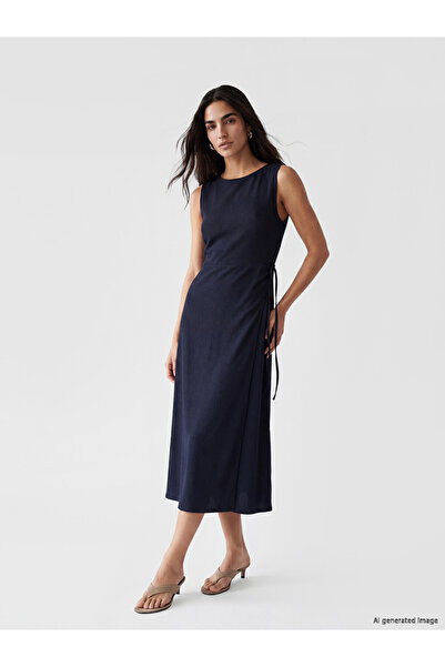 LC Waikiki Lcw Vision Navy Blue Crew Neck Gathered Dress with Waist Tie