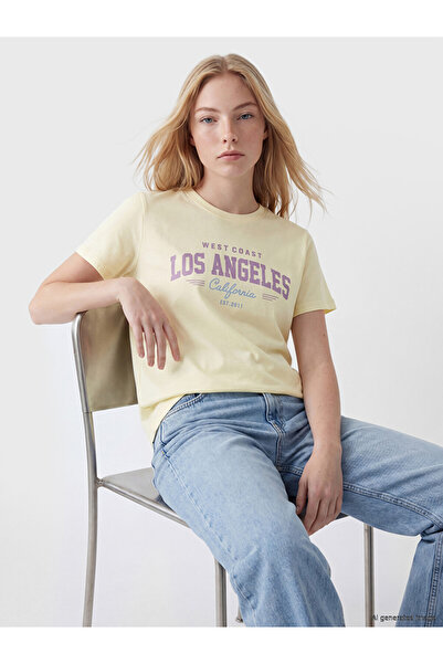 LC Waikiki Yellow Los Angeles Printed 100% Cotton Women's T-Shirt