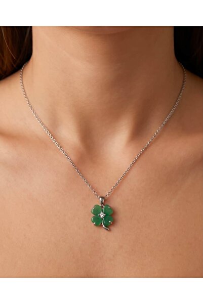 Portakal Esintisi Elvora Green Opal Stone Clover Steel Necklace