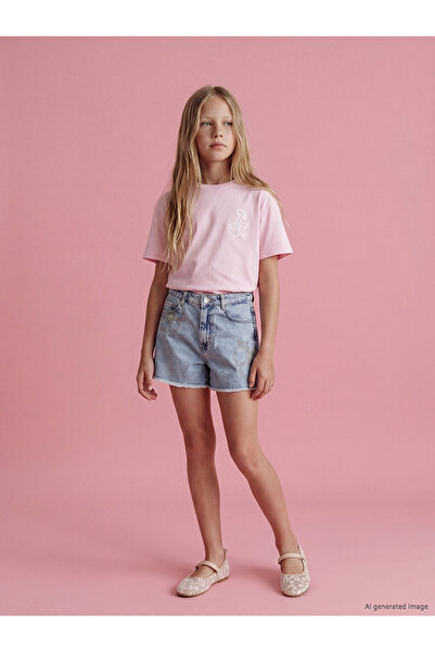 LC Waikiki Nevavm Flower Embroidered Girls' Jean Shorts with a Difference