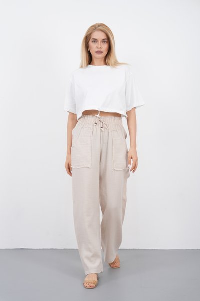 THE VOLER Muslin Palazzo Trousers Women's Summer Loose Wide Leg Casual Comfortable Elastic Waist Pocketed Daily Stylish Trousers