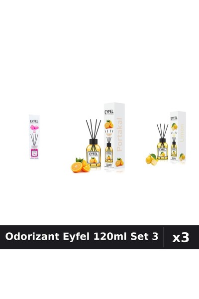 Eyfel Set 3 Odorizant Camera cu Betisoare 120ml - Bubble Gum, Portocala, Lamaie