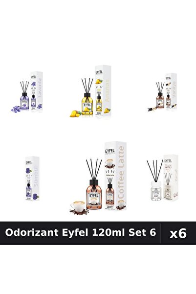 Eyfel Set 6 Odorizante Camera Betisoare 120ml - Lavanda, Ananas, Vanilie, Zam...