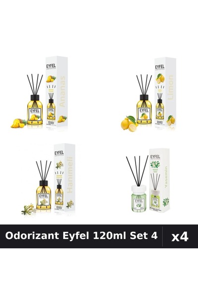 Eyfel Set 4 Odorizant Cameră Betișoare 120ml - Ananas, Lămâie, Iasomie, Mâna ...