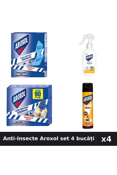 Aroxol Pachet 4 Anti-Insecte - Spray 400ml, Aparat 45 nopți, Loțiune 200ml, S...