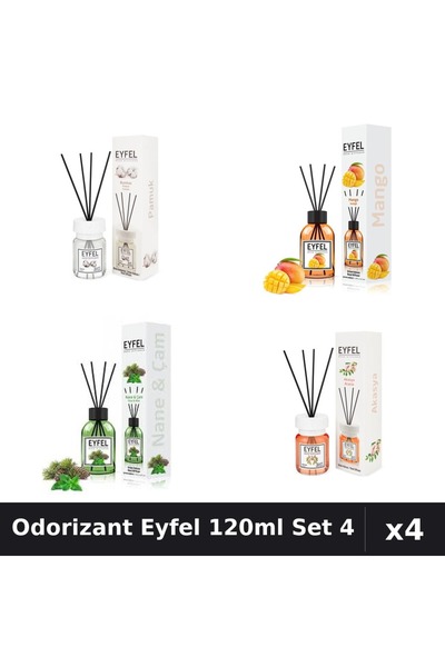 Eyfel Set 4 Odorizante Camera Betisoare 120ml - Bumbac, Mango, Pin Mentă, Acacia