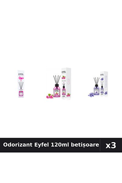 Eyfel Set 3 Odorizant Cameră cu Betișoare 120ml - Bubble Gum, Trandafir, Lavandă
