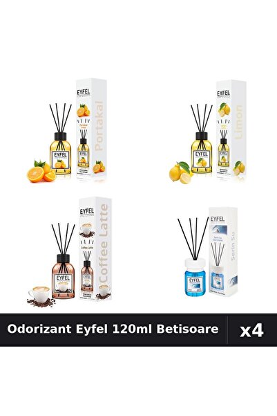 Eyfel Pachet 4 Odorizante Camera Betisoare 120ml - Portocala, Lamaie, Cafea, ...
