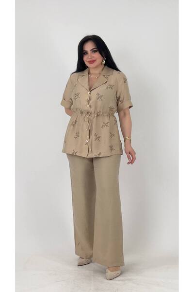 mardi exclusive Women's Plus Size Brode Shirt Pants Set Beige