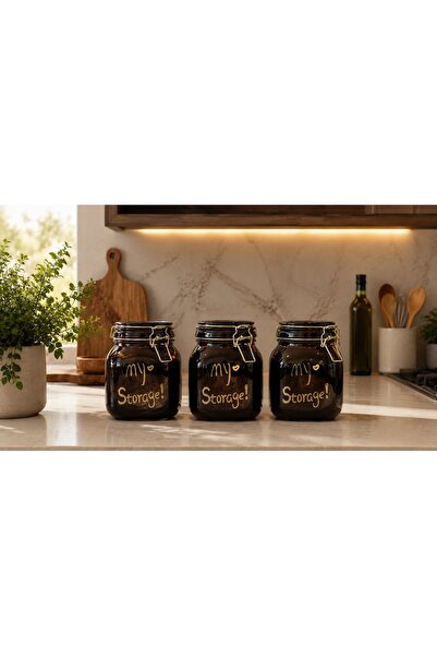 Qerhome Set of 3 Luxury Amber Clip-On Vacuum Lid Glass Square Food Jars 1000 ml