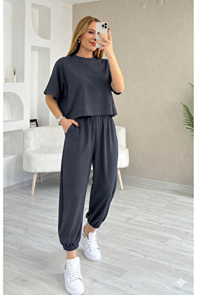 moda paketi Σετ Modal Δύο Τεμαχίων Γυναικείο Oversize Crop Top και Φαρδύ Παντ...