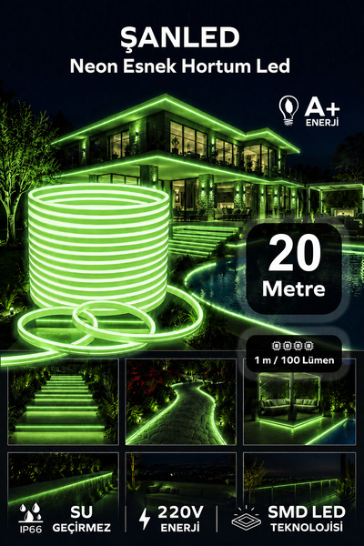 ŞANLED NEON Esnek Hortum Şerit Led Yeşil rengi + 220V Fiş/2,3,4,5,10,15,20,25...