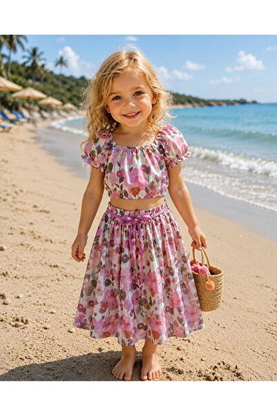 Little Ya Ya Love Kız Çocuk Çiçek Desen Crop Etek Takım