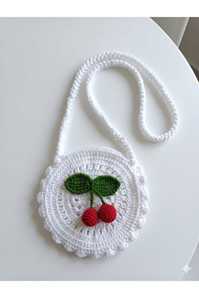 NOİR & GOLD Girl's White Knitted Shoulder Bag with Cherry Detail, Handmade