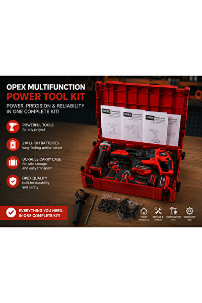 opex Set de scule 4 piese 21V 5Ah cu ciocan rotopercutor, mașină de găurit, mașină de filetat cu impact și flexibilă