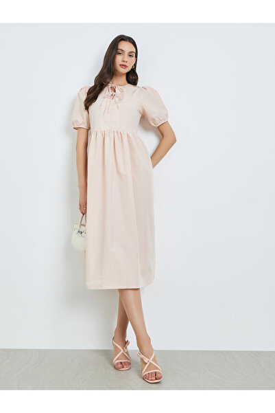 Take Two By Styli Beige Tie-Up Neck Midi Dress with Puff Sleeves