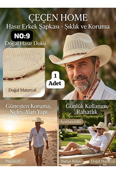 ÇEÇEN HOME (1 Piece) Men's Straw Cowboy Hat, Straw Shade Beach Hat, Summer Me...