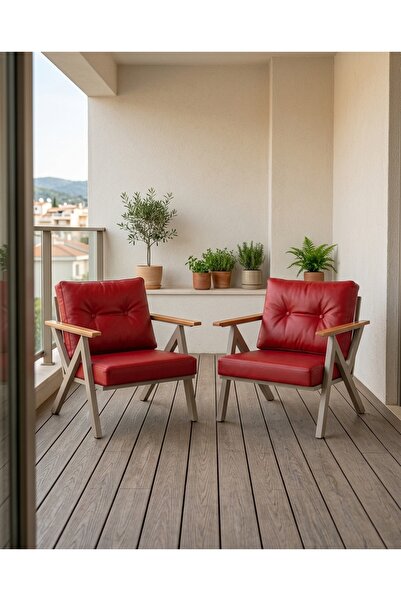 Azra Aksesuar Kırmızı Venedik Model 2 Adet Balkon Berjer Takımı Cappucino Met...
