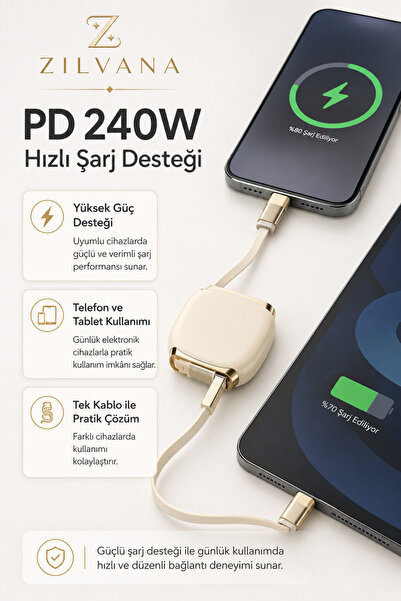 Zilvana 240W Type-C to Type-C Krem Teleskopik Şarj ve Veri Kablosu, Geri Sarı...