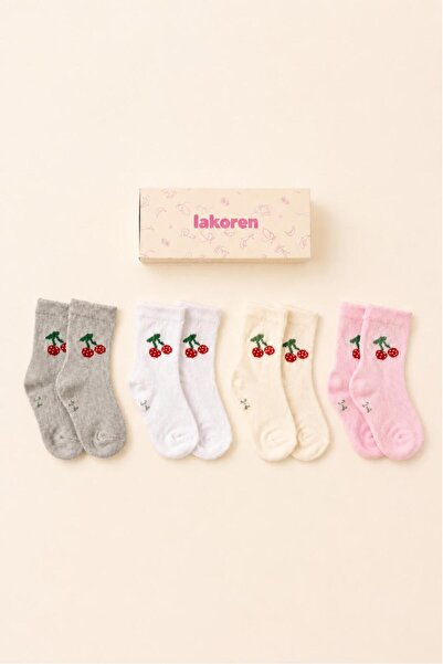 Lakoren Organic Cotton Cherry Patterned Premium Children's Socks in a Box of 4