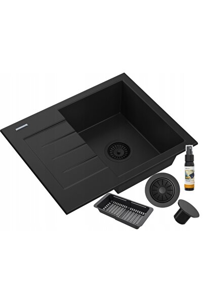 Granitan Chiuveta Granit Milano Negru, 57.4x47 cm, cu scurgere laterala, set ...
