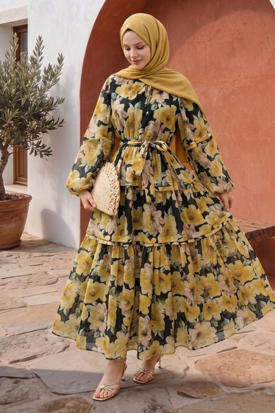 InStyle Floral Pattern Lace-Up Black-Yellow Dress