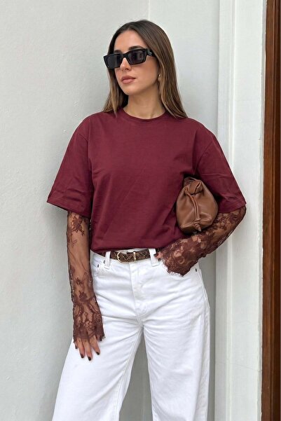 Madmext Burgundy Lace Sleeve Basic T-Shirt Mg2808