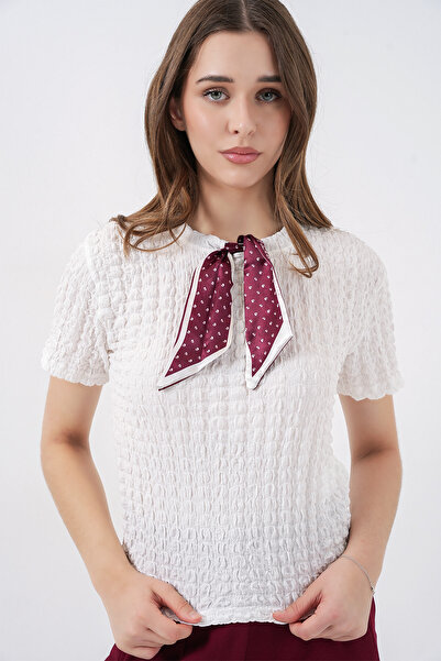 Merterium Women's Short Sleeve Scarf Knitted Blouse 1451 - White