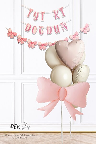 PEKSHOP Pastel Pembe Fiyonk Tema Bannerlı Doğum Günü Balon Seti 269