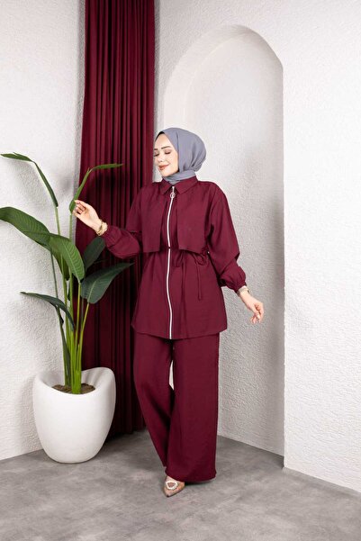 Weak Blue Women's Hijab Suit Double Layered Look Zippered Tunic Wide Leg Pant...