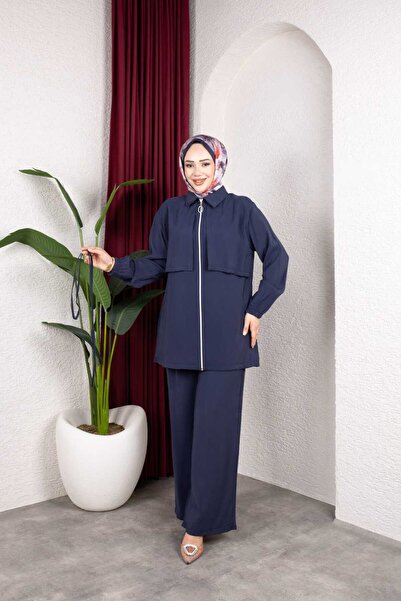 Weak Blue Women's Hijab Suit Double Layered Look Zippered Tunic Wide Leg Pant...