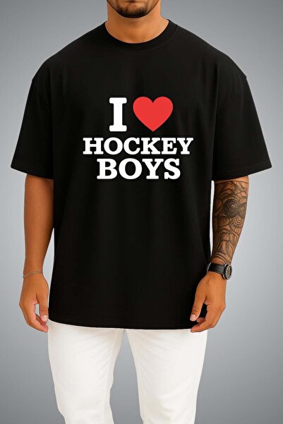 Bahriyeli Collection Oversize Off Campus I Love Hockey Boys Chest Printed Whi...