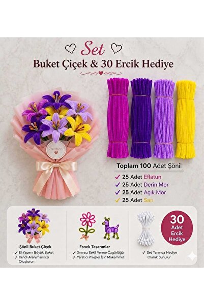 hyc heryerçiçeklenir Şönil Çiçek Yapım Seti 100 Adet (Eflattun,Derin Mor,A Mo...