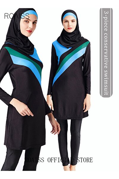 ROAISS 3-Piece Women Conservative Colorblock Swimsuit Set Muslim Sun Protecti...