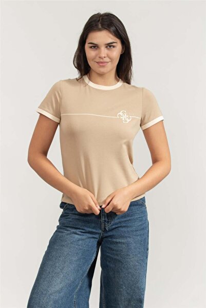 Guess Carmen Kadın Aktif Slim Fit T-Shirt Bej