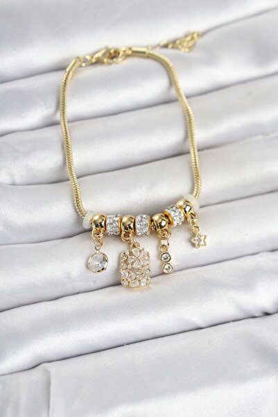 norsary Brass Gold Color Flower Detailed Charm Women's Bracelet
